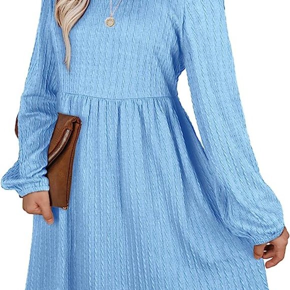 WEESO Women Blue Knit Square Neck Long Sleeve Knee Length Babydoll Dress Medium - Picture 3 of 4